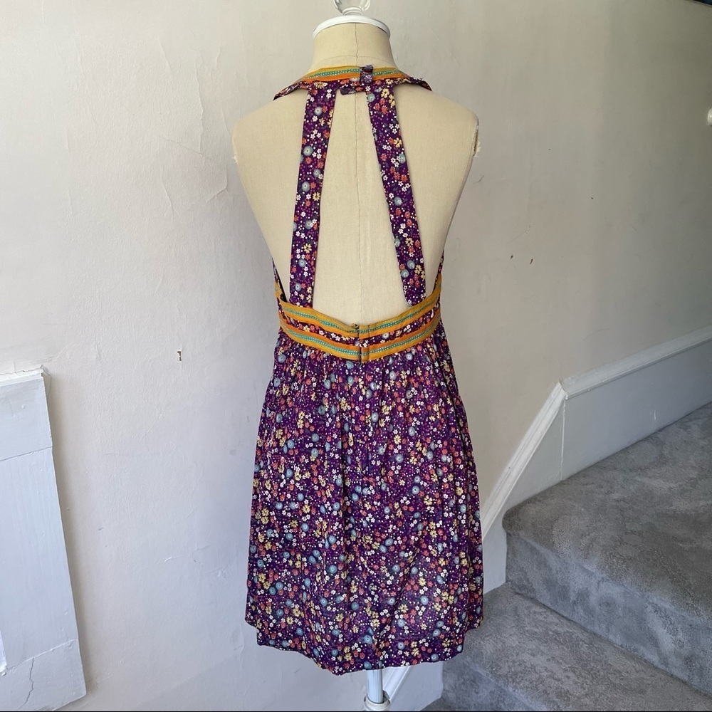 Vintage 1960s/1970s New Morning Designs Purple Floral Cotton Halter Dress 11/12 - Picture 3 of 10